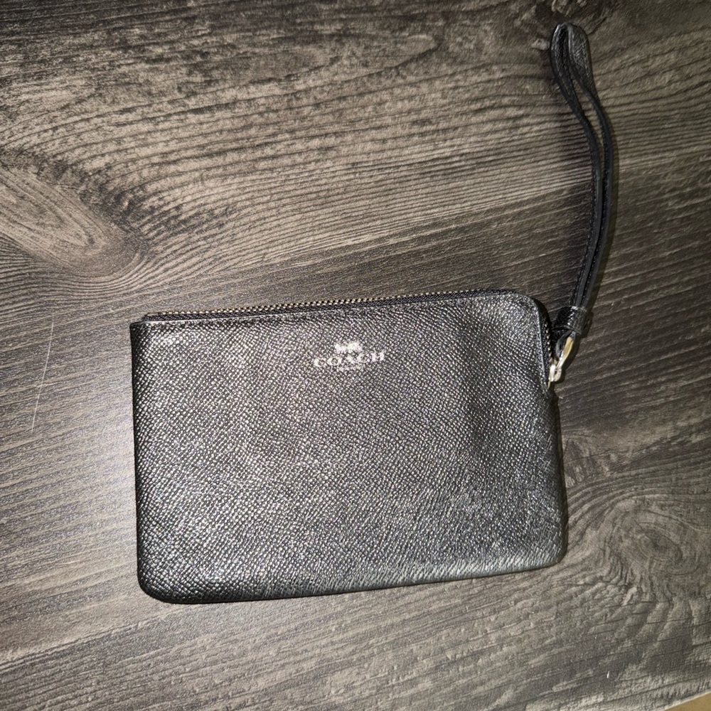 Coach Black Saffiano Leather Wristlet with Silver Logo